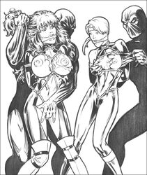 alison_blaire arms_behind_back bondage dazzler femsub gag gagged headband high-heeled_jill marvel marvel_comics monochrome multiple_subs nipples rogue_(x-men) straight_hair x-men