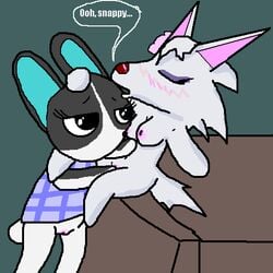 animal_crossing anthro artist_request black_eyes blue_shirt blush bottomless breasts canine checked_shirt closed_eyes dotty_(animal_crossing) ears english_text female female_only fingering fur furry medium_breasts multiple_females nintendo nipple_suck nipples nude pussy rabbit sex shirt speech_bubble straight_hair tail text uncensored white_fur whitney_(animal_crossing) wolf yuri