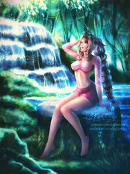 aerith_gainsborough artist_signature belly braid braided_hair detailed_background deviantart_username fantasy final_fantasy final_fantasy_vii forest green_eyes grey_hair hand_on_head kgfantasy long_hair long_sleeves medium_breasts mystical_background nature navel patreon_username river short_top shorts sitting sitting_on_rock underboob waterfall