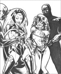 2boys 2girls arms_behind_back bondage breasts breasts_out clothed femsub forced_exposure gag high-heeled_jill kitty_pryde marvel marvel_comics monochrome multiple_subs nipples ororo_munroe panties partially_clothed shadowcat storm_(x-men) straight straight_hair tiara torn_clothes underwear x-men