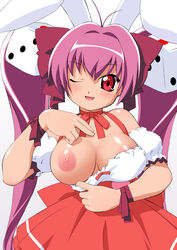 1girls animal_ears areola areolae bare_shoulders blush bow bowtie breasts bunny_ear bunny_ears choker di_gi_charat dice dress elf_k female hair_ornament hair_ribbon human large_breasts light-skinned_female light_skin long_hair nipples one_breast_out pink_hair red_eyes ribbon smile tied_hair twintails usada_hikaru very_long_hair wink