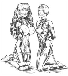 alison_blaire anna_marie arms_behind_back bondage cloth_gag dazzler femsub gag gagged headband high-heeled_jill kneeling large_breasts marvel marvel_comics medium_breasts monochrome multiple_subs nipples rogue_(x-men) straight_hair x-men