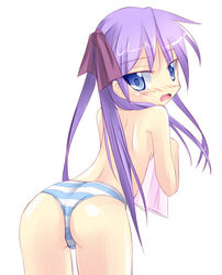 blue_eyes blush female female_only human kagami_hiiragi looking_back lucky_star minitesu panties purple_hair ribbon solo striped striped_panties tied_hair topless tsurime twintails underwear