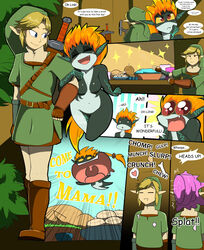 absurdres belt black_skin blonde_hair blush body_markings boots breasts cake clothes comic dialogue duo english_text female floating footwear happy hat headwear heart highres hylian imp_midna link link_(twilight_princess) long_ears long_hair low-tied_long_hair male medium_breasts midna navel nintendo orange_hair pointy_ears red_eyes smile speech_bubble spoken_heart teeth text the_legend_of_zelda tunic twilight_princess vale_city very_long_hair walking white_skin yellow_sclera