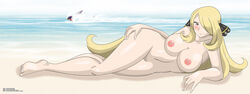 1girls beach blonde_hair blush breasts chuyryu cynthia_(pokemon) female hair_over_one_eye laying_down nintendo nipples nude pokemon sea smile tagme