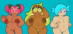 2021 3girls avocado_cookie breasts buck_tooth chubby_female cookie_run cookie_run_kingdom cookie_run_ovenbreak devsisters green_hair hair_buns hollyberry_cookie ice_candy_cookie large_nipples leaves_in_hair light_blue_hair pink_hair pubes shaved_crotch shaved_pussy slight_blush slightly_chubby slightly_muscular small_breasts small_nipples standing thebluepopsicle30 thigh_gap twintails