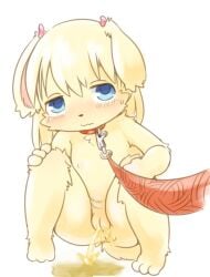 blue_eyes bunny_girl cub ears_down humiliation leash nude peeing pussy squatting tears white_background