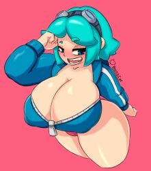 1girls arm_up big_breasts blue_eyes blue_hair blush bombcat clothed female goggles goggles_on_head nipple_bulge open_clothes open_jacket ramona_flowers scott_pilgrim short_hair solo solo_female