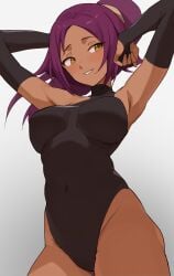 1girls armpits arms_behind_head arms_up bare_shoulders black_leotard bleach blush breasts dark-skinned_female dark_skin detached_sleeves elbow_gloves female highleg highleg_leotard leotard medium_breasts midriff ponytail purple_hair shihouin_yoruichi solo t-lex thighs toned toned_female yellow_eyes