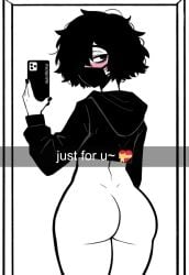 1boy ahoge ai_generated ass back black_hoodie black_nails blush crop_top dimples_of_venus doomer_boy emoji english_text femboy from_behind hair_over_one_eye half_naked heart huge_ass looking_back mahiroka messy_hair mirror monochrome mouth_mask pale-skinned_male pale_skin phone self_upload selfie signature snapchat spot_color thick_thighs thighs white_background