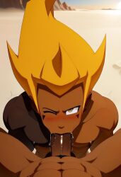 abs ai_generated biceps big_penis blowjob blush dark_skin deepthroat erection gay looking_at_viewer male male/male male_only muscular muscular_male nipples nude_male orange_hair pecs penis penis_in_mouth toned_body toned_male tristepin twall97 wakfu wink winking