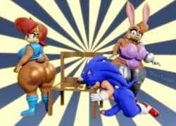 1boy 2girls 3d anthro anthro_only archie_comics big_breasts blue_eyes bunnie_rabbot green_eyes hedgehog huge_cock rabbit_girl sally_acorn sega shiny_ass sonic_(series) sonic_the_hedgehog sonic_the_hedgehog_(comics) sonic_the_hedgehog_(series) squirrel sweaty_butt tagme thick_thighs vulkyasha