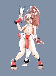 big_breasts brown_eyes brown_hair cleavage exposed_toes female hips king_of_fighters kunoichi lemuzaurio mai_shiranui ninja paper_fan revealing_clothes standing