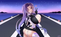 1girls alexstardust31 artist_name ass big_ass big_breasts blowing_kiss breasts busty character_request fat_ass female female_only garter_straps gloves hand_on_own_hip heart highres huge_ass huge_breasts legs leotard long_hair looking_at_viewer ocean one_eye_closed open_mouth original purple_eyes purple_hair reverie_vorfeed sensual smile thick_thighs thighs thong_leotard tongue underboob v water wink