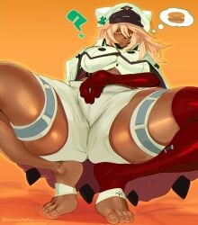 ? absurdres asymmetrical_legwear bandaged_arm bandaged_leg bandages blonde_hair breasts burger cape cashumeru cloak dark-skinned_female dark_skin feet female food guilty_gear guilty_gear_strive guilty_gear_xrd hat highres large_breasts lips looking_at_viewer looking_down medium_hair midriff orange_background orange_eyes pants ramlethal_valentine sidelocks solo speech_bubble spread_legs squatting thick_thighs thigh_strap thighs thought_bubble underboob white_hat white_pants