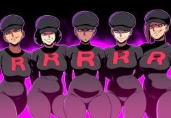 5girls ai_generated big_breasts curvy evil grin large_breasts looking_at_viewer mullon multiple_girls novelai pokemon pokemon_frlg team_rocket team_rocket_grunt team_rocket_grunt_(female) team_rocket_uniform wide_hips