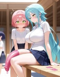 2girls ai_generated bench big_breasts blue_hair blush bursting_breasts condom_on_penis embarrassed futanari green_eyes huge_cock long_penis penis_awe petite pink_hair school_uniform schoolgirl short_hair sitting size_difference skirt small_breasts staring_at_penis thick_thighs veiny_penis zynai