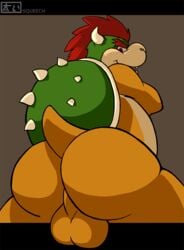 2013 ass balls beige_nose beige_skin big big_balls big_butt bowser chubby dragon green_shell green_skin grey_background hair happy horn horns king koopa lizard looking_at_viewer looking_back looking_down male male_only mario_(series) nintendo nude plain_background presenting presenting_hindquarters raised_arm red_eyes red_hair reptile royalty scalie shadow shell short_hair skin smile solo spikes spiky_shell squeech turtle yellow_skin