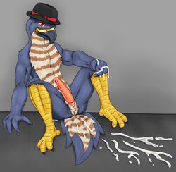 1boy 4_fingers 4_toes anthro anus ass avian barefoot beak beige_fur bird blue_fur brown_fur claws cloaca cum cum_on_floor cum_on_hand cum_on_leg cum_on_penis cum_on_tail erection feathers fur happy hat headgear hi_res high_resolution johawk looking_at_viewer male male_only nude penis pink_fur pink_penis pink_skin presenting presenting_hindquarters red_eyes shadow shiny sitting smile solo spread_legs spreading toe_claws white_eyes