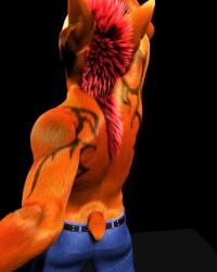 10s 1boy 2012 3d 3dsmax anthro back back_view bandicoot belt black_background crash_(series) crash_bandicoot crash_mind_over_mutant fur gay jean_shorts jeans male male_only marsupial orange_fur red_hair safe shorts solo spexwulf tail tattoo tattooed_arm video_games