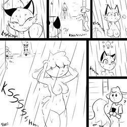 ? ?! angry anthro areola big_breasts blush breasts canine caprine caught cellphone closed_eyes comic erect_nipples female fox frown hair jealous lightbulb male monochrome nipples one_eye_closed peeping phone pussy sheep shy slypon smile spying