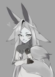 animal_ears breasts closed_mouth dya_rikku_(vtuber) facial_mark female forehead_mark fox_ears fox_tail grey_background greyscale heart long_hair looking_at_viewer monochrome simple_background smile solo tail upper_body vyugen