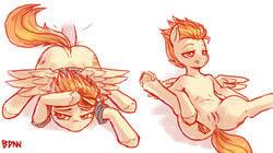 2013 cutie_mark doggy_style equine female feral friendship_is_magic from_behind hair half-closed_eyes horse jerinov my_little_pony orange_hair pegasus penis plain_background pony presenting pussy solo spitfire_(mlp) spread_legs spreading white_background wings wonderbolts_(mlp)