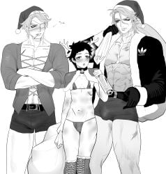 3boys alcohol antler_headband antlers bell_collar big_penis bikini blush boots bulge capelet christmas christmas_outfit cigarette collar daan_(fear_and_hunger) drunk eriurias73 eye_patch fake_animal_ears fear_and_hunger fear_and_hunger:_termina femboy happy_trail height_difference levi_(fear_and_hunger) male male_only male_pubic_hair micro_bikini monochrome muscular muscular_male pavel_yudin pubic_hair reindeer_antlers reindeer_costume santa_costume santa_hat scars scars_all_over shawl short_shorts shorts smoking