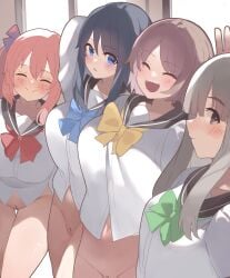 4girls ^_^ arm_up black_hair black_sailor_collar blue_bow blue_bowtie blue_eyes bottomless bow bowtie breasts brown_hair cleft_of_venus closed_eyes closed_mouth collarbone commentary_request green_bow green_bowtie grey_eyes grey_hair highres large_breasts long_hair multiple_girls navel open_mouth original pink_hair profile pussy red_bow red_bowtie sailor_collar school_uniform serafuku shirt short_hair sidelocks smile soyo1558686 split_mouth textless_version white_shirt yellow_bow yellow_bowtie