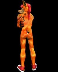 10s 1boy 2012 3d 3dsmax anthro ass back back_view balls bandicoot black_background crash_(series) crash_bandicoot crash_mind_over_mutant crossed_arms footwear fur gay male male_only marsupial orange_fur red_hair solo spexwulf tail tattoo tattooed_arm video_games