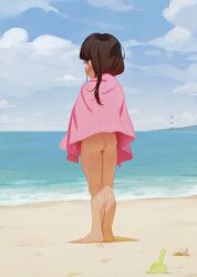 beach brown_hair butt_cheeks butt_crack nice_ass sand staring_off towel_only very_young_girl water wet_body