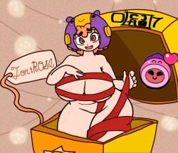 1girls bea_(brawl_stars) big_breasts big_butt brawl_stars christmas cjao_07 female freckles gift_box helmet orange_hair presenting rosa_(brawl_stars) short_hair supercell supercell_(company) tape thighs