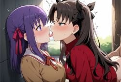 2girls ai_generated bisexual bisexual_female black_hair fate_(series) ffm_threesome french_kiss fucked_from_behind fully_clothed incest kissing making_out matou_sakura mostly_clothed open_mouth purple_eyes purple_hair sisters teal_eyes tohsaka_rin tongue tongue_kiss yuri