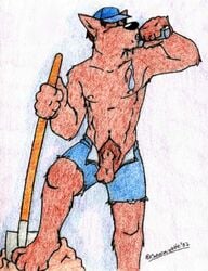 1boy 2002 anthro cameronwolfe canine drinking fur furry hat male_only penis shovel sketch testicles text water wolf worker