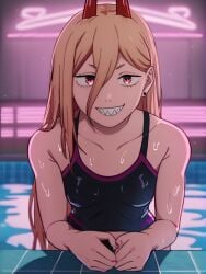 1girls ai_generated blonde_hair breasts chainsaw_man clothed devil female female_only flat_chest horn lilith_arths pointy_teeth pool power_(chainsaw_man) red_eyes red_horns smirk smirking smirking_at_viewer swimming_pool swimsuit swimwear wet_body