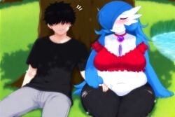 1boy 1boy1girl 1girls ai_generated anthro bbw belly_button belly_fat belly_fetish belly_grab black_hair black_pants black_shirt blue_hair blush closed_eyes crop_top day denim denim_jeans erect_nipples exclamation_mark fat fat_female fat_fetish female gardevoir generation_3_pokemon grass grass_field grey_pants human humanoid jeans large_breasts navel necklace pants pokemon river shiny_gardevoir shiny_pokemon sitting sitting_under_tree sleeping smile smiling tree wholesome