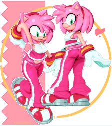1girls absurdres amy_rose animal_ears arm_up cashumeru crop_top female gloves green_eyes hairband hedgehog highres pants pink_fur sega sonic_(series) sonic_riders_(series) tail