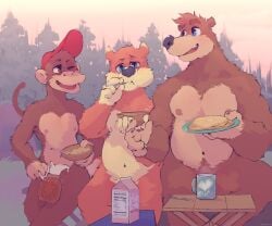 2024 6:5 anthro banjo-kazooie banjo_(banjo-kazooie) baseball_cap bear belly bench bowl breakfast brown_body brown_fur camping camping_tent casual_nudity censored censored_genitalia cereal claws clothing conker conker's_bad_fur_day container creative_censorship cup cutlery diddy_kong diddy_kong_racing digital_drawing_(artwork) digital_media_(artwork) dispenser donkey_kong_(series) eating food forest forest_background fork fur furniture grass group haplorhine hat headgear headwear hi_res holding_object hollo_nut kitchen_utensils lean_body male mammal milk milk_carton monkey morning mug muscular nature nature_background navel nintendo nipples nude nutritional_information oatmeal one_eye_closed orange_body orange_fur outside pancake plant primate pubes rareware rodent sciurid sitting smile spoon steam sunrise syrup table talking_to_another tent tools tree tree_squirrel trio wink