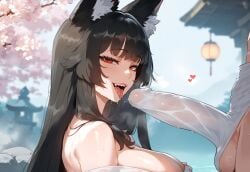 1boy 1girls ai_generated animal_ear_fluff animal_ears animal_tail areolae bangs bare_shoulders black_hair blunt_bangs blush breasts cleavage clothing curvaceous curvaceous_female curvaceous_figure curvy curvy_figure dark_skin day erection fangs female female_focus fox_ears fox_girl heart hoshimi_miyabi huge_breasts imminent_fellatio inviting inviting_to_sex large_breasts large_penis long_hair looking_at_viewer makeup male miyuai mole mole_on_breast mole_under_eye nipples nude off_shoulder onsen open_mouth outdoors partially_submerged penis red_eyes saliva saliva_trail seductive seductive_look seductive_smile sky smile solo_focus steam straight sweat tail teeth testicles tongue tongue_out towel upper_teeth_only veins veiny_penis voluptuous voluptuous_female water wet zenless_zone_zero