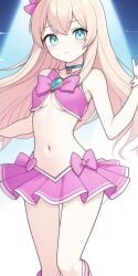 actualtrashhuman ai ai_generated aqua_eyes bikini blonde_hair choker crop_top female freckles freckles_on_face groin hair_ribbon idol long_hair magical_girl midriff navel pink_skirt revealing_clothes skimpy_clothes skinny skirt slender_body underboob