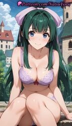 1girls ai_generated anime anime_style bangs bare_shoulders blue_eyes blue_sky blunt_bangs blush bow bow_bra bra breasts building bust busty cleavage closed_mouth cloud collarbone day feet_out_of_frame female female_focus female_only green_hair hair_intakes hairbow hentai knees_together_feet_apart lace-trimmed_bra lace_trim large_breasts lingerie long_hair looking_at_viewer natsuyoru navel outdoors panties pantsu ponytail purple_bow purple_bra purple_panties sidelocks sitting sky smile solo solo_female stomach tate_no_yuusha_no_nariagari the_rising_of_the_shield_hero thighs town underwear underwear_only voluptuous voluptuous_female yomogi_emarl