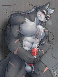 1boy 2013 abs anthro balls biceps big_muscles canine cum cumshot erection fur furry humanoid_penis kadzu male male_only masturbation muscles orgasm pecs penis scar solo wolf