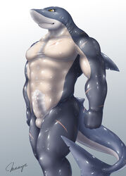 1boy 5_fingers abs anthro bald balls black_eyes cosplay costume erection fish fist grey_background grey_skin happy human male male_only manly manya marine muscles nipples nude pecs penis plain_background scar shadow shark shiny skin smile solo standing white_background white_skin yellow_eyes