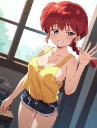 after_sex ai_generated athletic_female bare_thighs big_breasts blownskin blue_eyes braided_ponytail cum cum_in_pussy dolphin_shorts huge_breasts huge_thighs light-skinned_female light_skin looking_at_viewer massive_breasts ranma-chan ranma_1/2 ranma_saotome red_hair smiling solo_female squatting sweat sweatdrop tank_top thick_thighs thighs voluptuous voluptuous_female