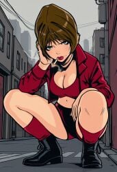 ai_generated alley best_quality boots breasts brown_hair cigarette cityscape cleavage female good_quality grand_theft_auto grand_theft_auto_iii grey_sky gtaiii lipstick looking_at_viewer masterpiece misty_(gta) mole navel new_york red_crop_top red_jacket red_short_shorts red_socks short_hair smoking squatting street