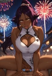 ai_generated bangs bleach bleach:_the_thousand-year_blood_war blush breasts china_dress cleavage cleavage_cutout cowgirl_position dark-skinned_female dress fireworks fit_female hi_res highres interracial kimmiedot large_breasts light-skinned_male looking_at_viewer motion_lines new_year_2025 open_mouth ponytail purple_hair pussy riding_penis shaved_pussy shihouin_yoruichi sidelocks sweat tagme thighs toned_female tongue tongue_out vaginal_penetration yellow_eyes