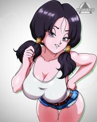 arm_up big_breasts black_hair black_nails blue_eyes cleavage denim_shorts half-closed_eyes kolboro_barosa leaning_forward nails_painted seductive_look shorts tank_top thick_thighs twintails videl