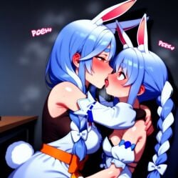 ai_generated arms_around_partner blue_hair blush daughter drooling french_kiss hololive incest kissing making_out mother mother_and_daughter open_mouth pekomama saliva tongue tongue_kiss usada_pekora yuri