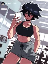 abs black_hair gym reimi_(tinafate) selfie the_dragon_tamer tinafate1