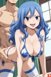 1girl1boy ai_generated bed bedroom big_breasts bikini blue_eyes blue_hair blush cum cum_in_pussy cum_inside doggy_style doggy_style fairy_tail female happy_sex huge_breasts indoors juvia_lockser muscular_male omega_weirdo open_mouth patreon pussy_juice pussy_juice_drip sex submissive_female taken_from_behind thighhighs tongue tongue_out